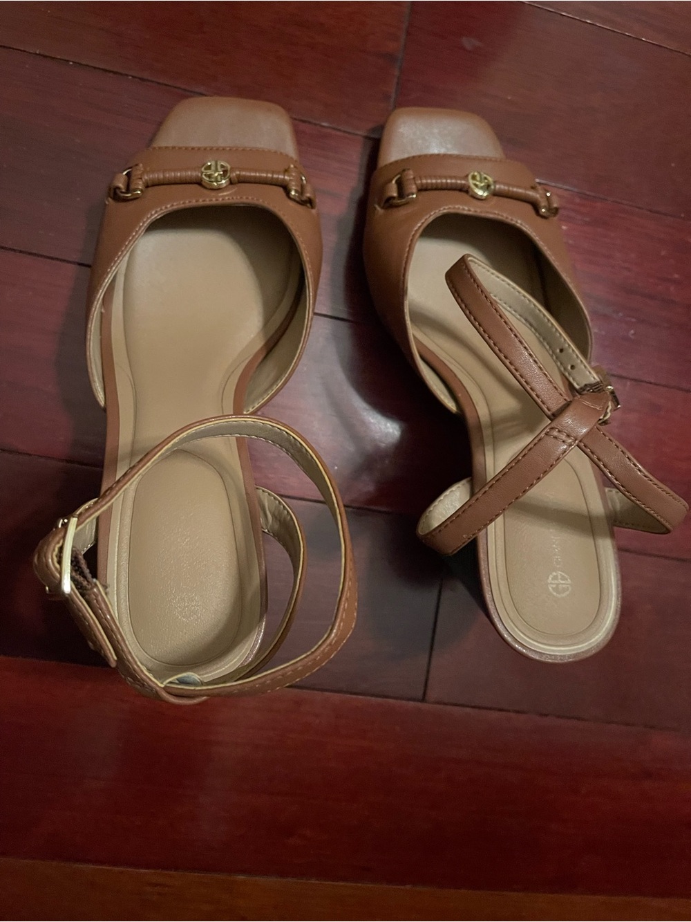 Gianni Bini Tan Square-Toe Ankle-Strap Heels with Gold Accents